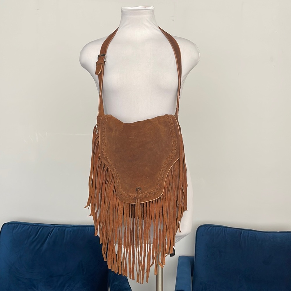 Urban Outfitters Genuine Leather Cognac Fringe Messenger Bag